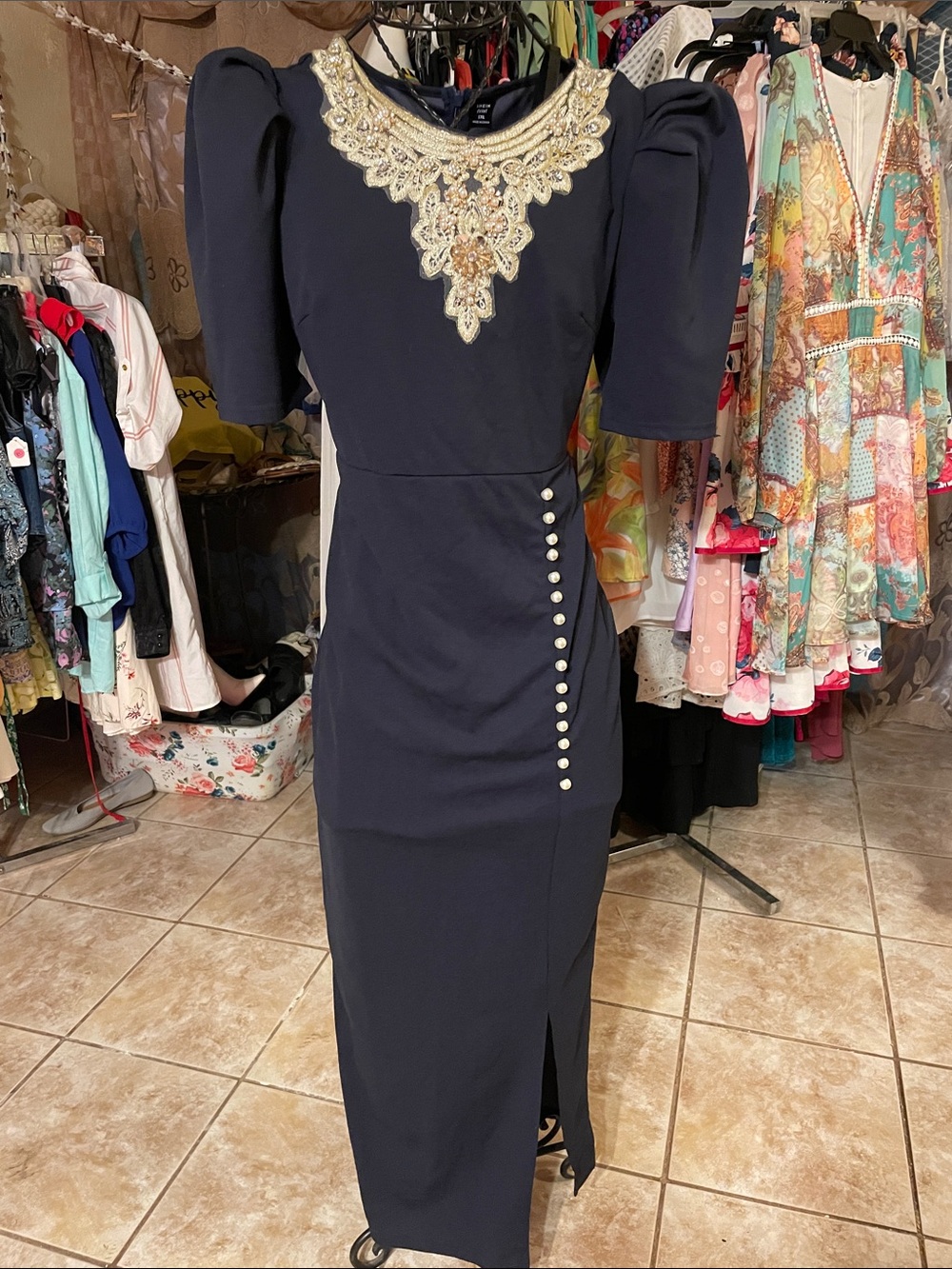 SHEIN Navy Maxi Dress with Gold Beaded Yoke